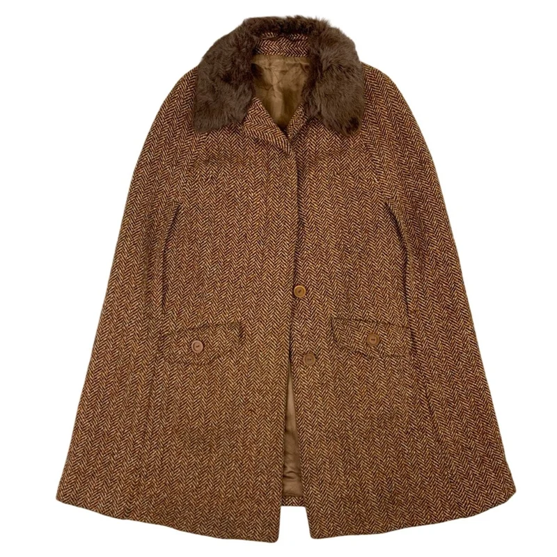 Vintage 60s 70s Faux Fur Collared Wool Tweed Cape 14 16