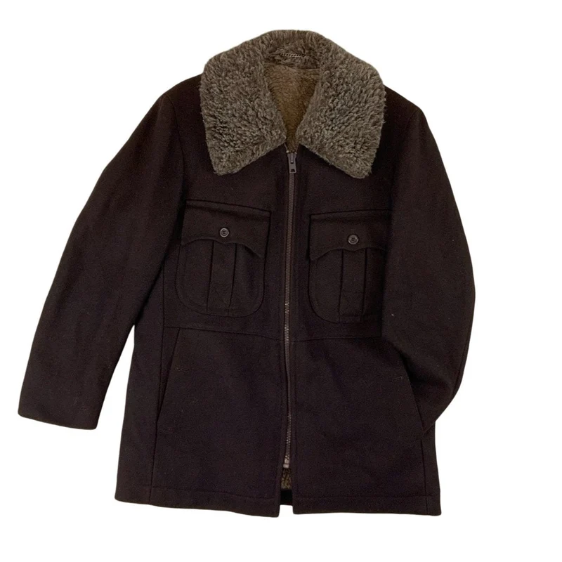 Vintage 70s Mens Brown Wool Faux Fur Lined Hunting Style Jacket L