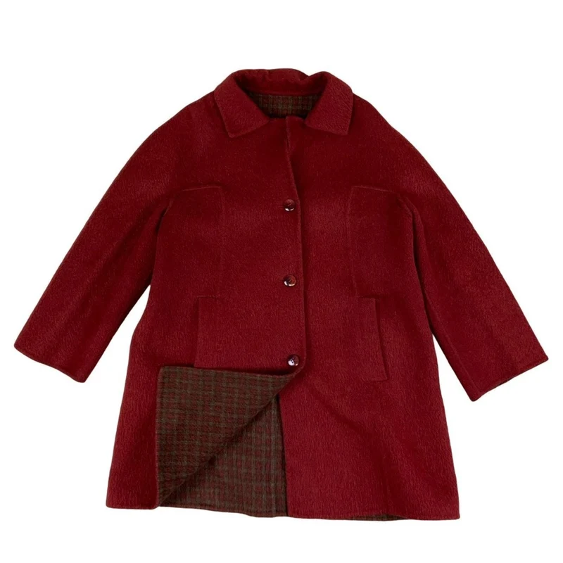 Vintage Red Wool Womens Button Down Coat Tartan Lined 16