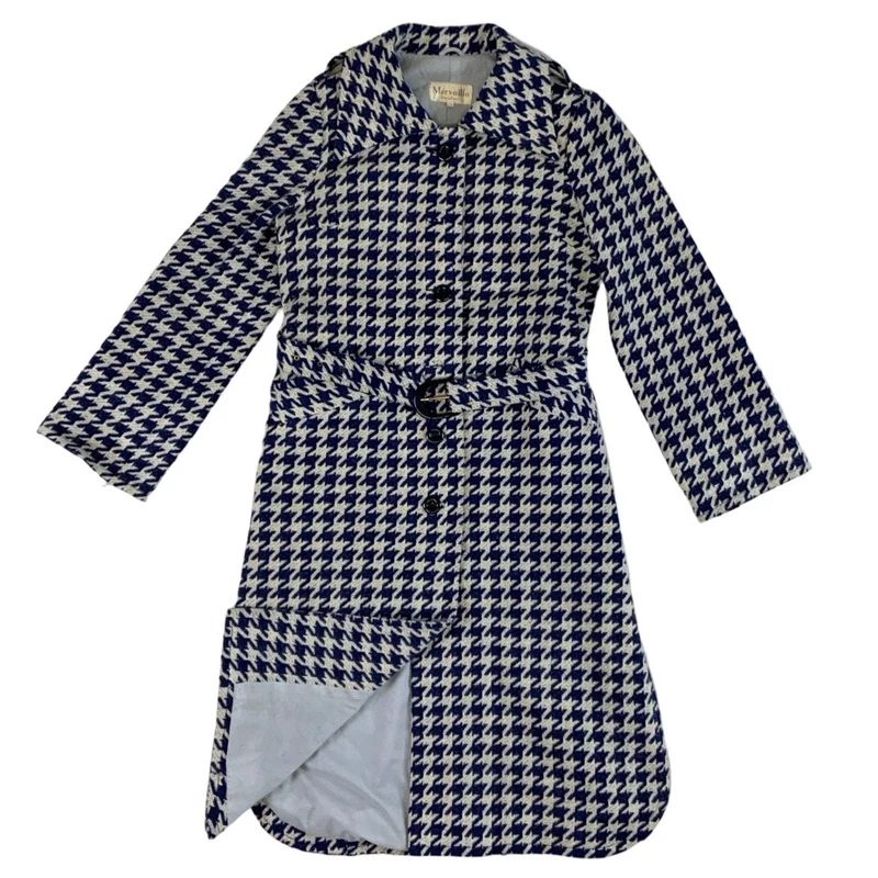 Vintage 1970s Merveil Pret-A-Porter Houndstooth Check Blue Wool Coat 12