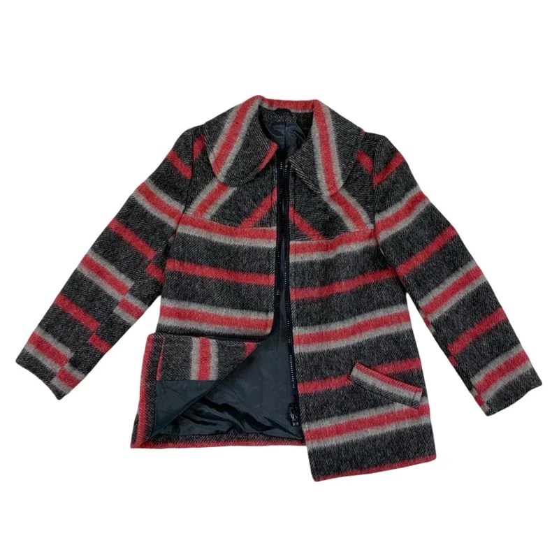1970s Vintage Womens Striped Wool Zip Up Coat Jacket Round Collars M 12