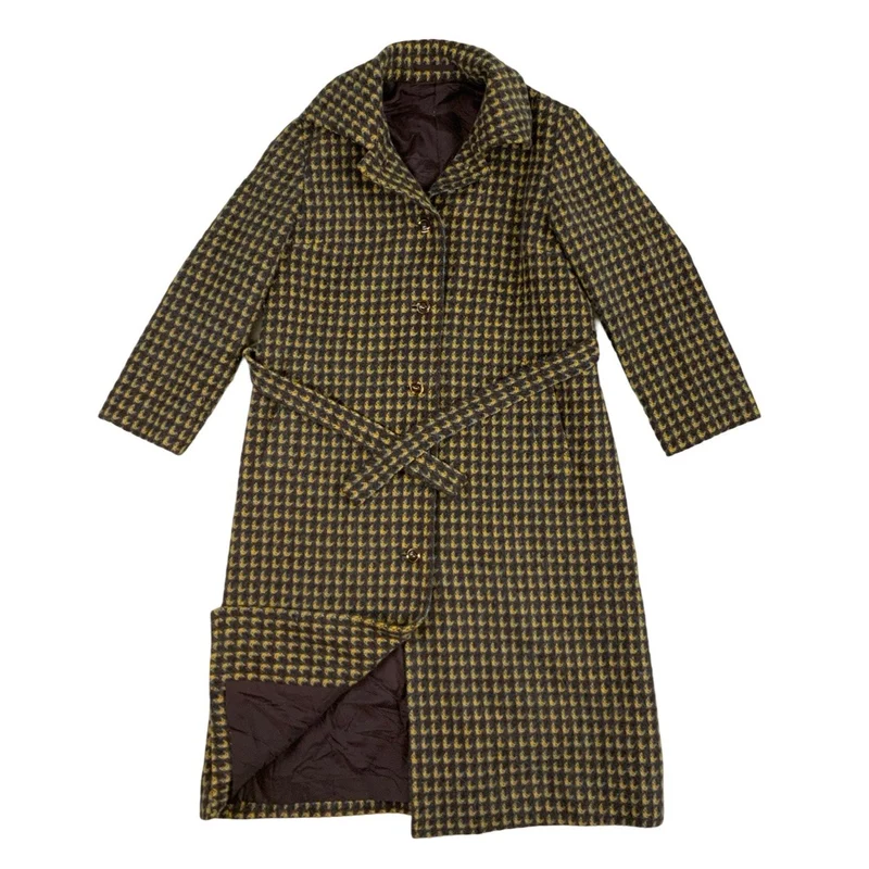 Vintage Womens Pattern Wool Tweed Trench Coat Overcoat M 12 14