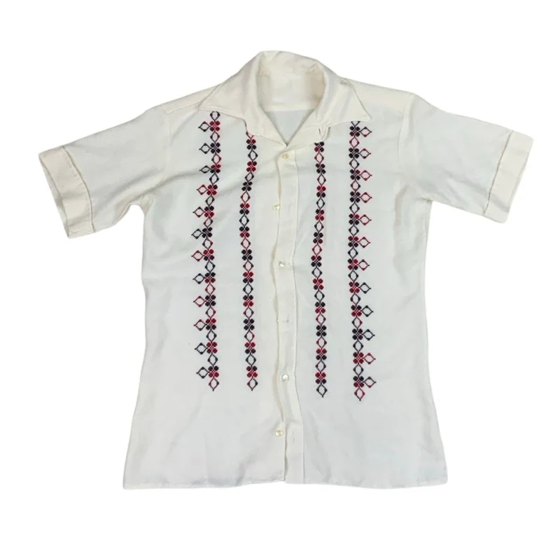 Vintage White Button Up Pattern Summer Shirt S M