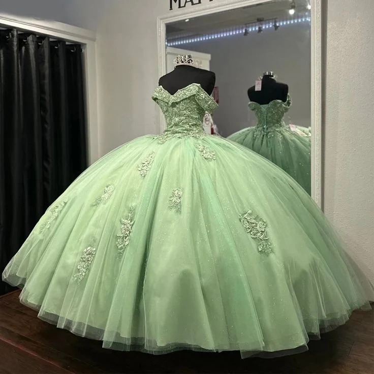 Lyxig salviagrön applikationsspets Quinceañera balklänning i tyll