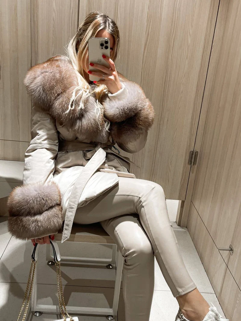 Beige Parka Fox Fur Jacket