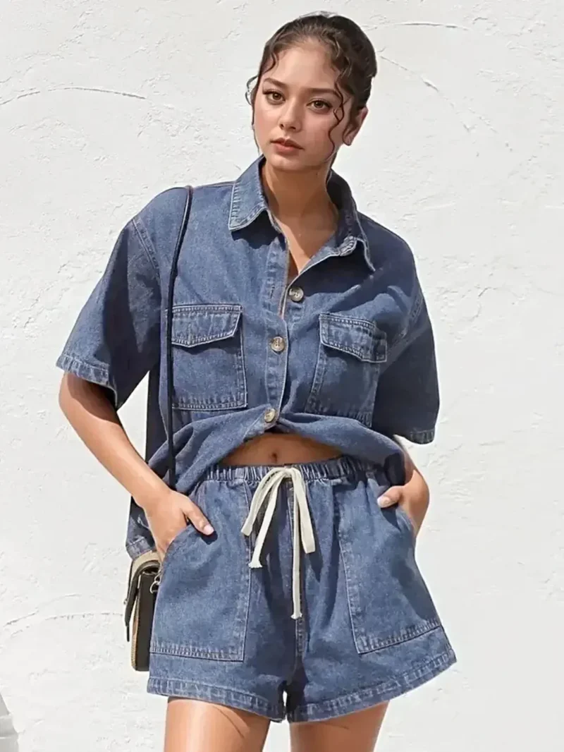 Snygg denimoutfit med krage: Topp med knappar och shorts med dragsko för snygg komfort