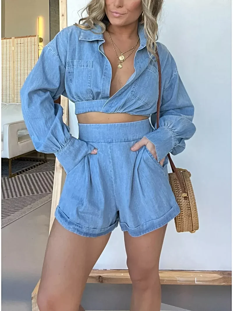 Långärmad toppshortsset med fickor – Snygg denim-outfit i två delar