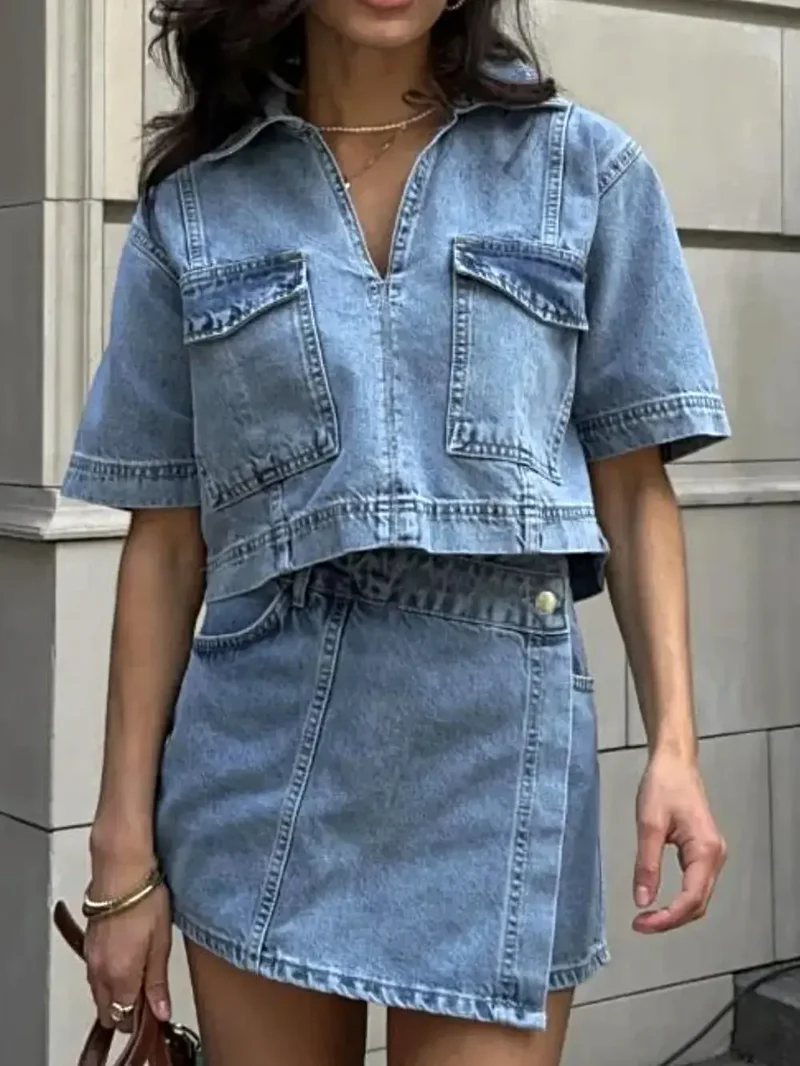 Johnny Collar Kortärmad Jeanstopp & Skort 2-delat Set - Snygg Avslappnad Chic