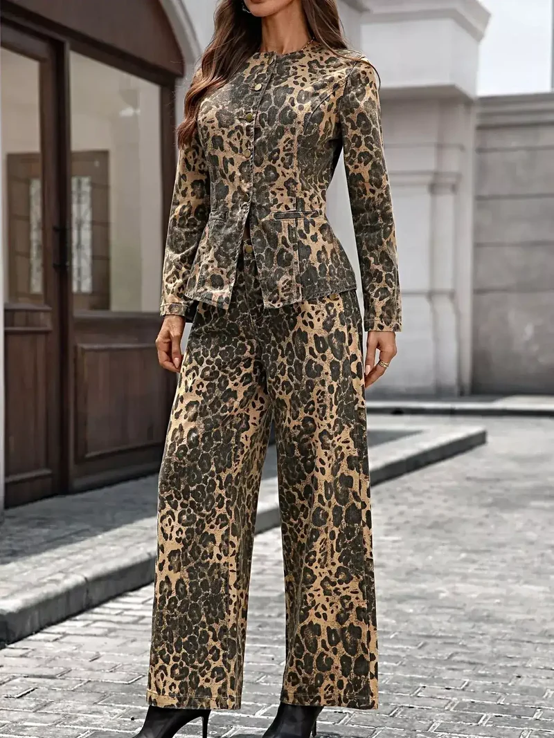 Lyxigt set med långärmad topp och jeans – snygg tvådelad outfit med fickor