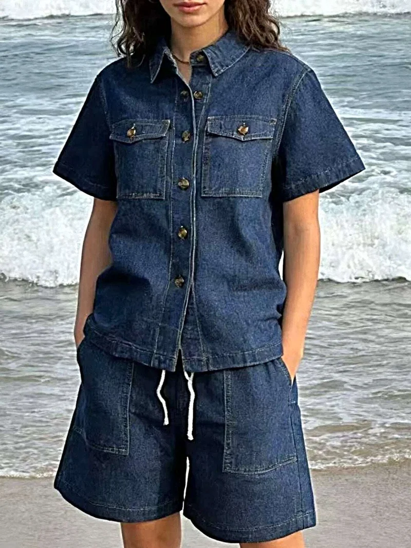 Snyggt set med kortärmad topp och shorts – med fickor, dragskodesign, premiumbomullsblandning