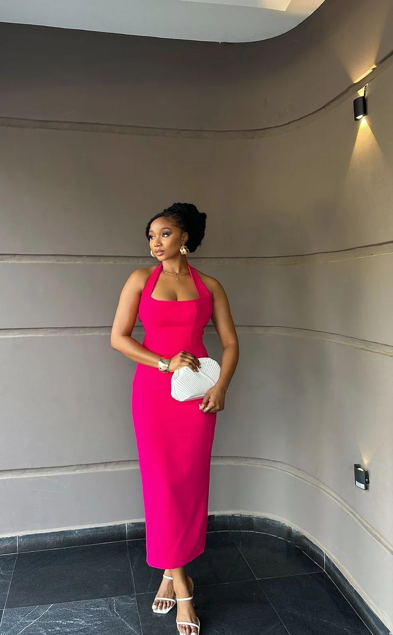 Hot Pink Satin Halter Aftonklänning Ärmlös Ankellång Klänning