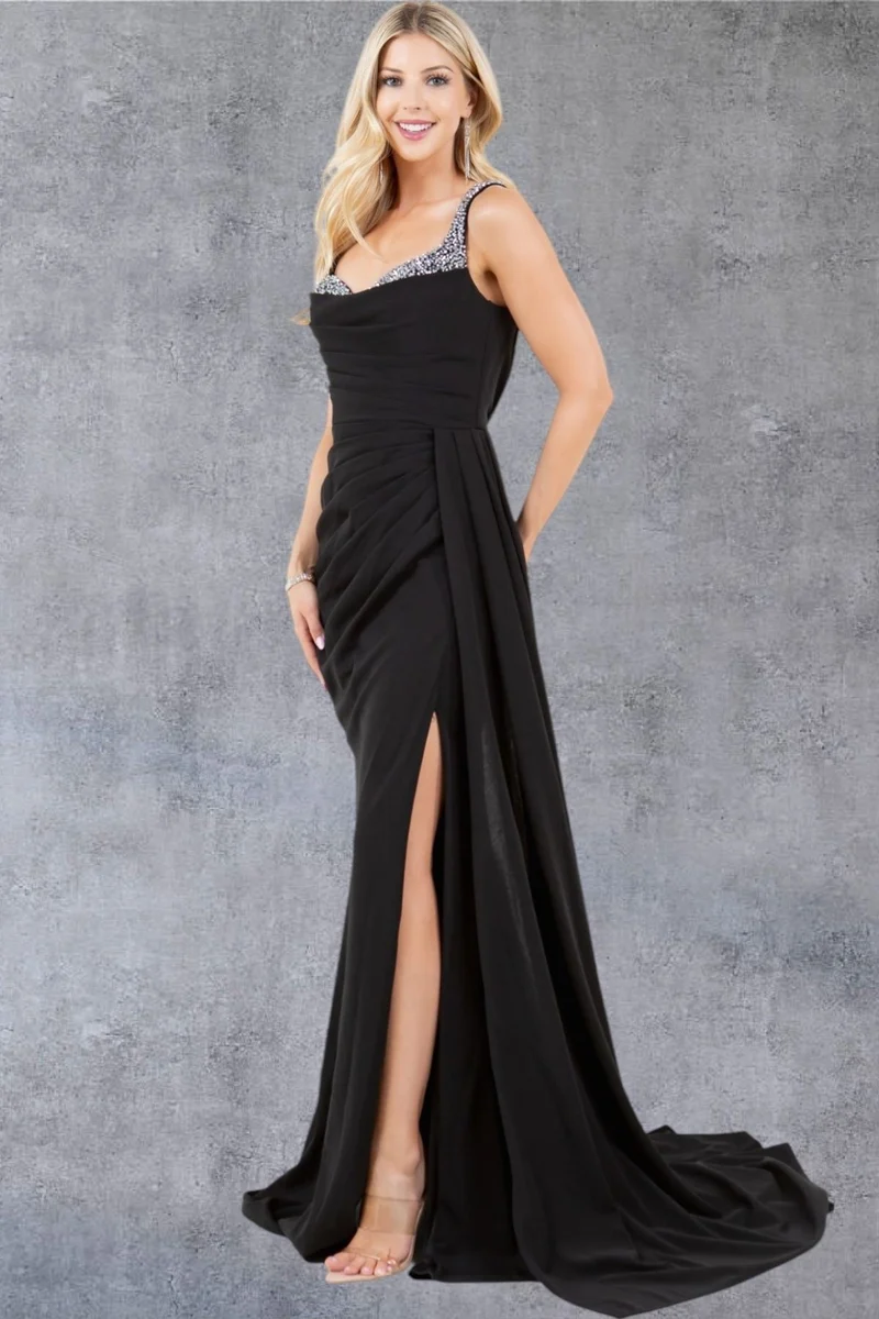 Stone Accesnt Draperad Slitsklänning från Cinderella Couture USA AS8283J