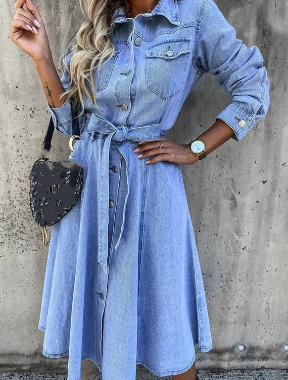Sophie | Elegant Midiklänning i Denimblandning med Utsvängd Silhuett