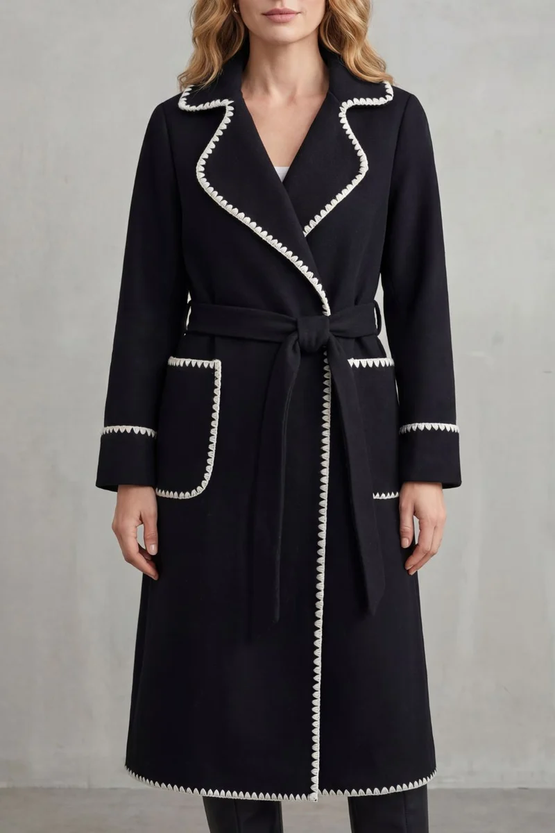 Women's Longline Belted Coat with Contrast Trim – Esme