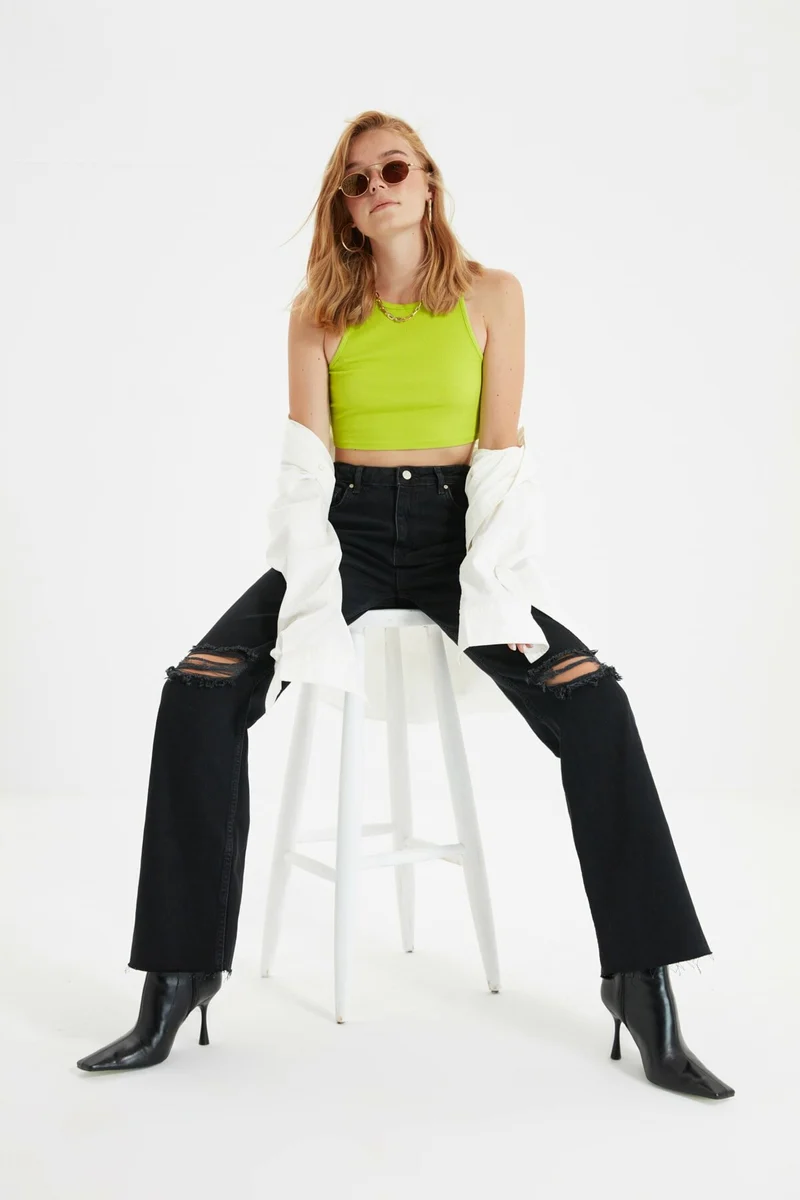 Ripped Detailed High Waist Wide Leg Jeans