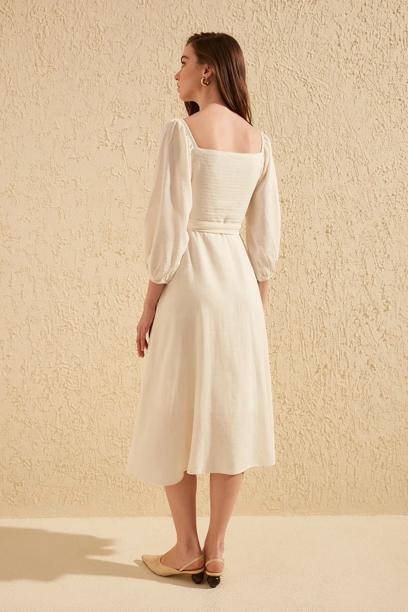 Ecru Belted Buttoned Dress