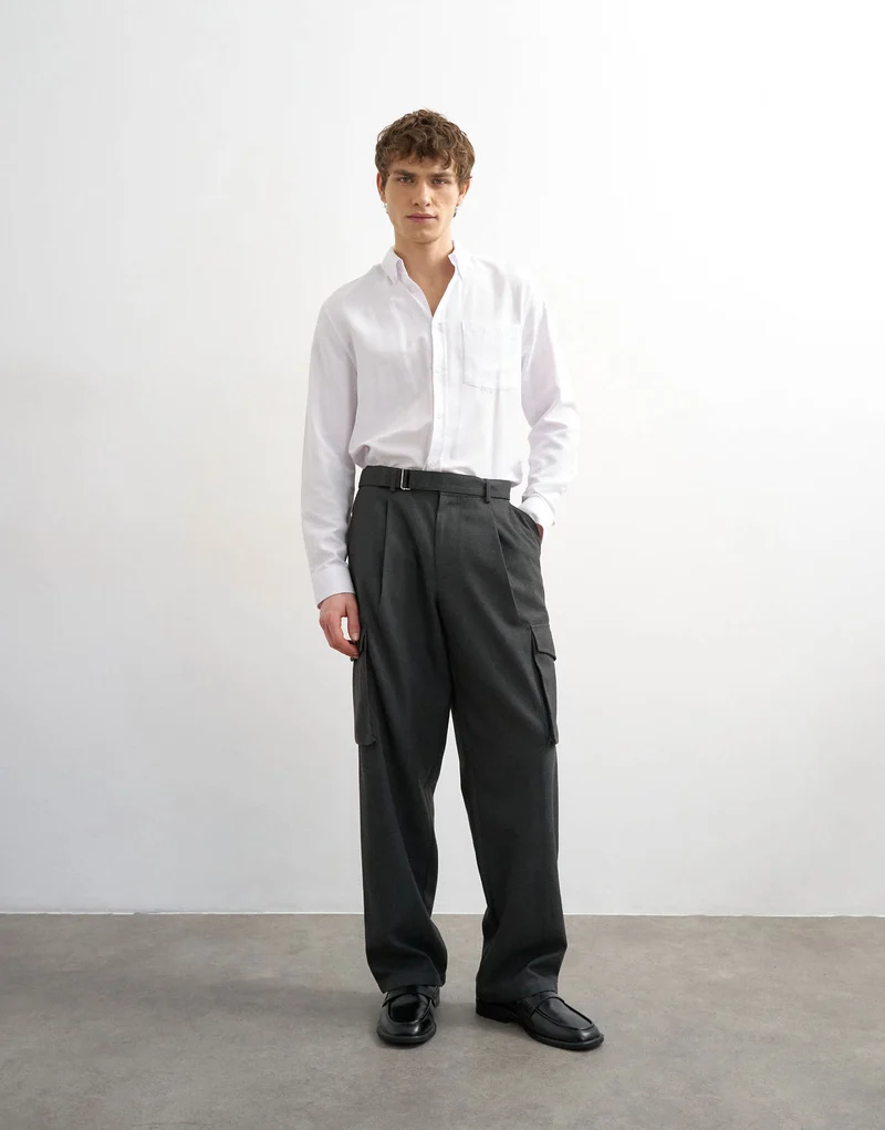 Topman wide leg belted smart trouser with side pockets in charcoal