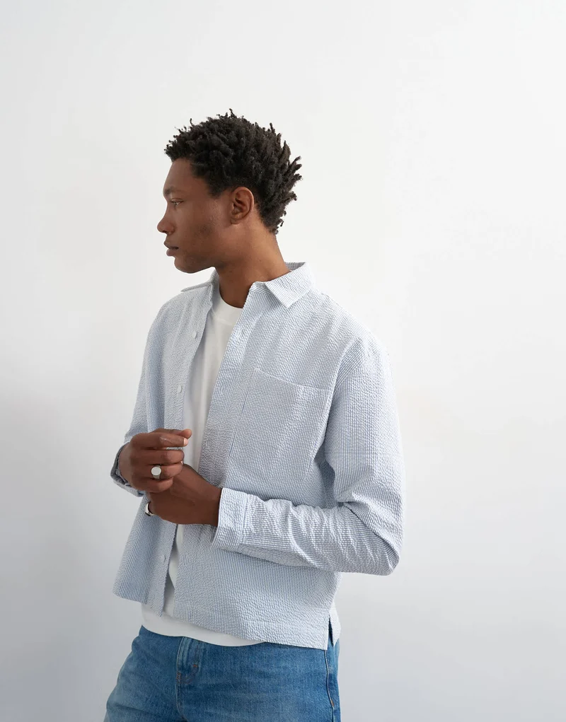 Topman relaxed fit crop seersucker shirt in light blue