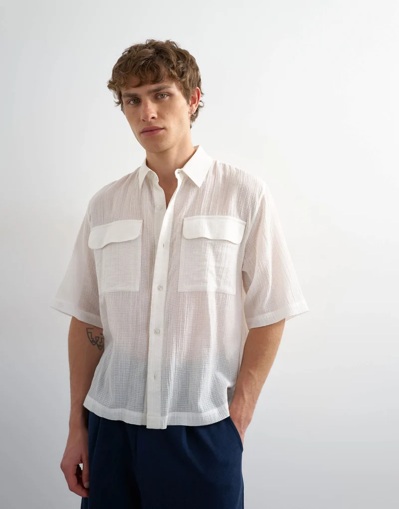 Topman relaxed fit crop sheer ripstop short sleeve shirt in white