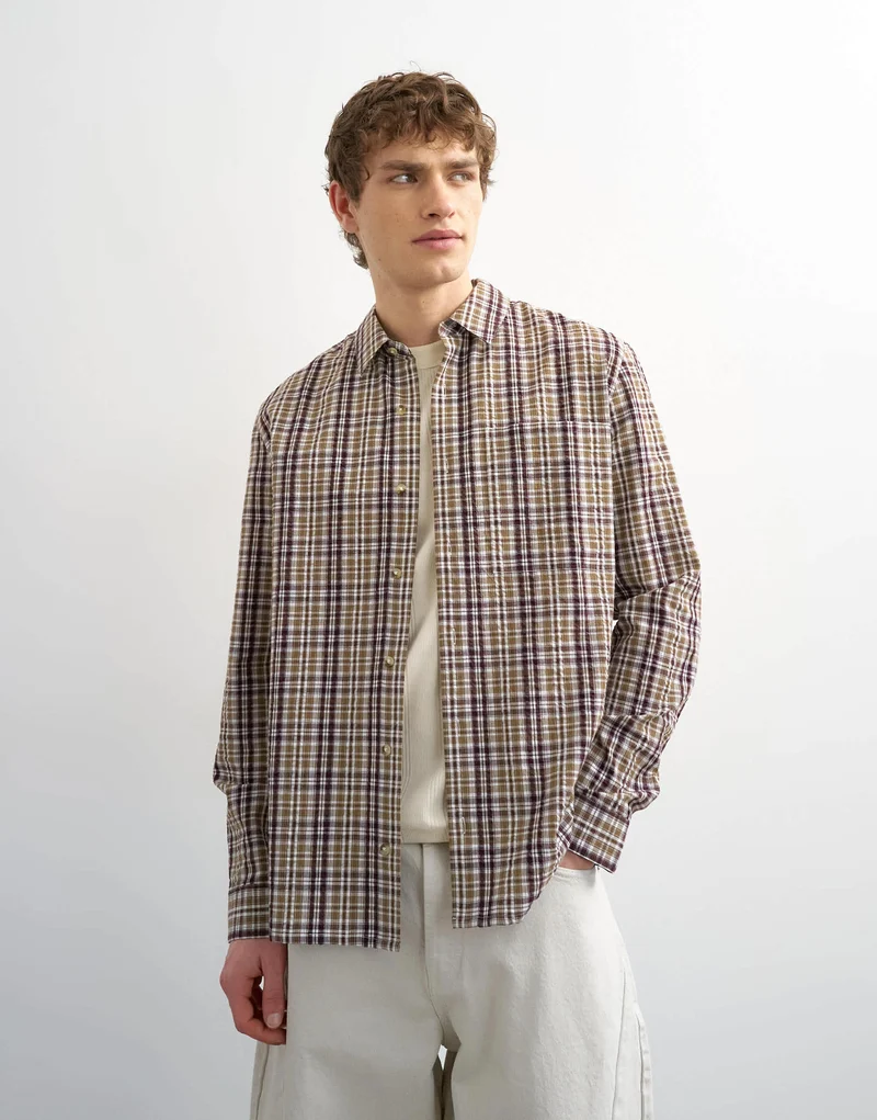 Topman regular fit textured check shirt in brown