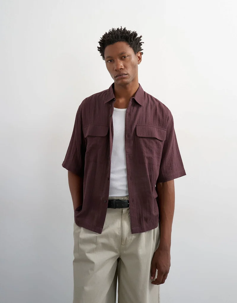 Topman relaxed fit crop sheer ripstop short sleeve shirt in brown