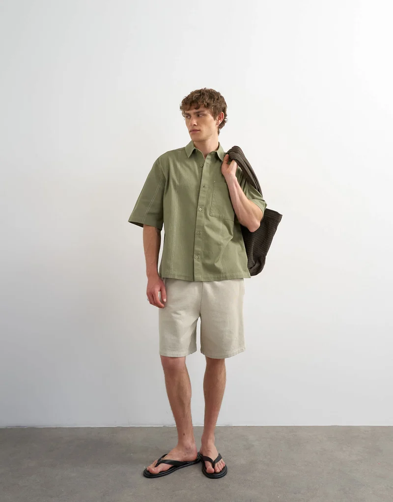 Topman relaxed fit crop short sleeve herringbone shirt in olive green