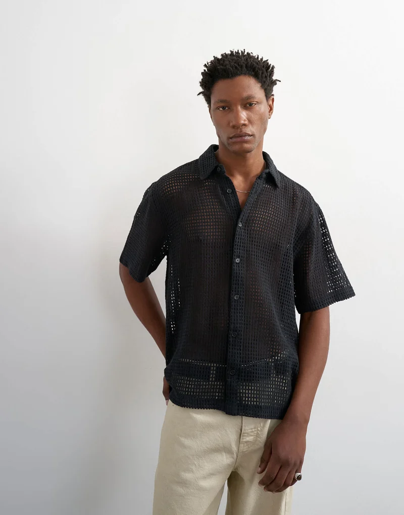 Topman relaxed fit short sleeve woven mesh shirt in black