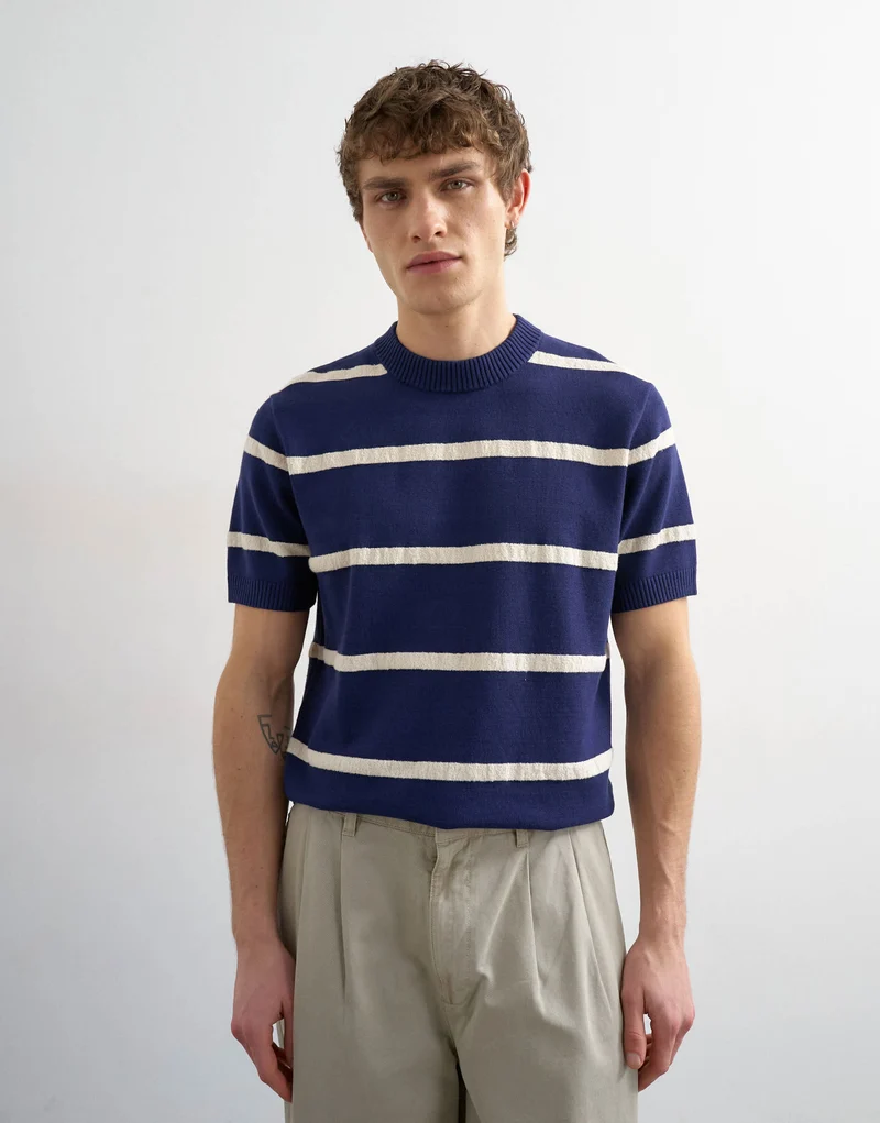 Topman classic fit knitted stripe t-shirt with stripe in navy