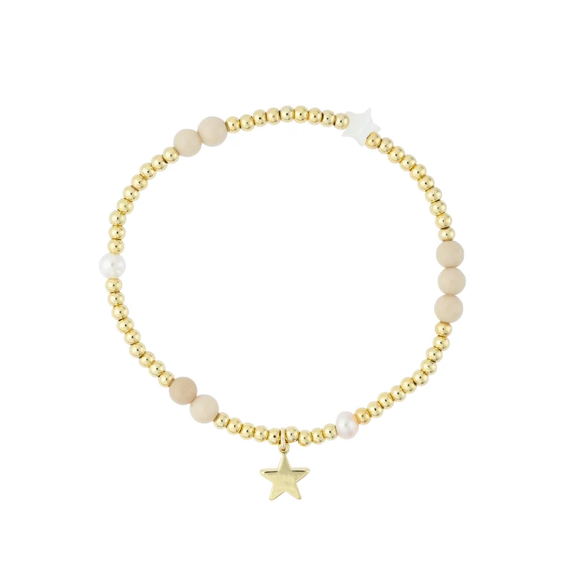 Metal Bead Bracelet W/Stone Beads & Pearls - Sand