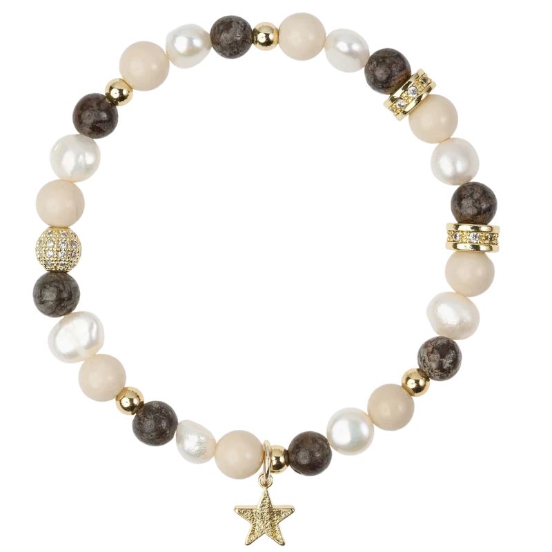 Stone & Pearl Bead Bracelet 6 mm W/Charm - Neutral Mix