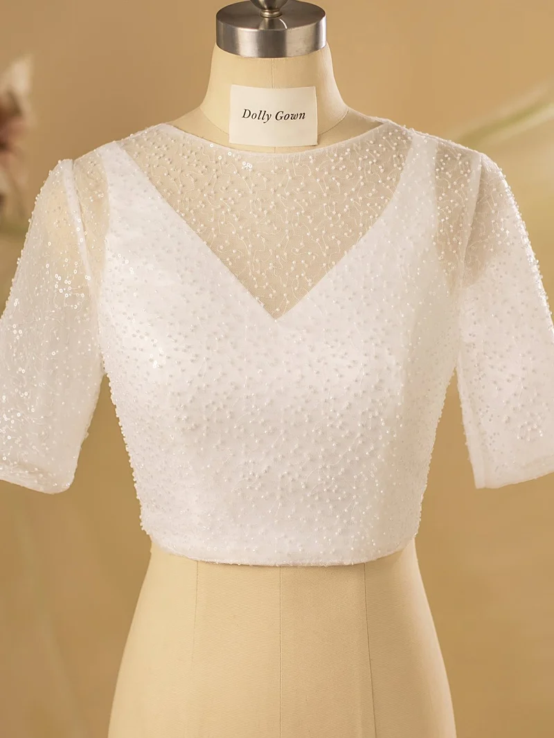 Gerilynn Illusion V-Neck Bead Bridal Topp med korta ärmar