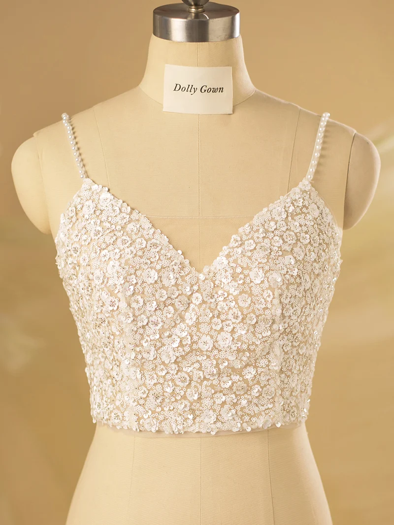 Kimdwell Floral Paljetter Spaghetti Straps Brudtoppar