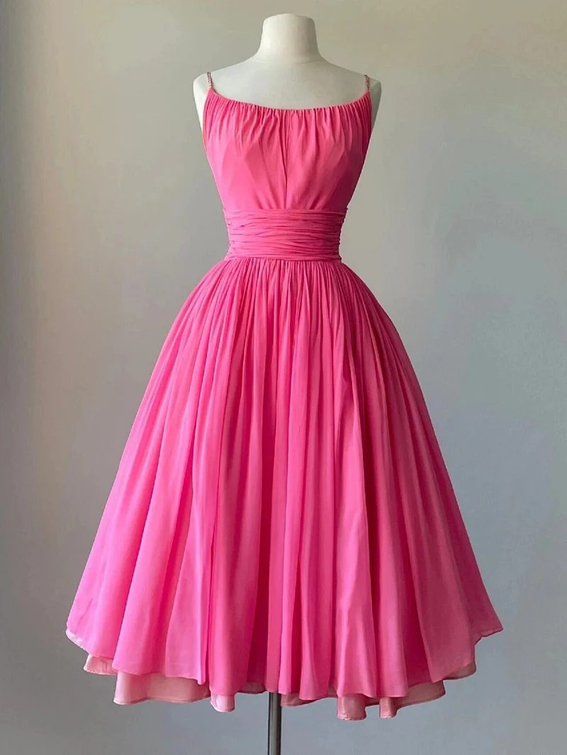 Vintage Hot Pink Spaghetti Straps Kort 50-tals balklänning