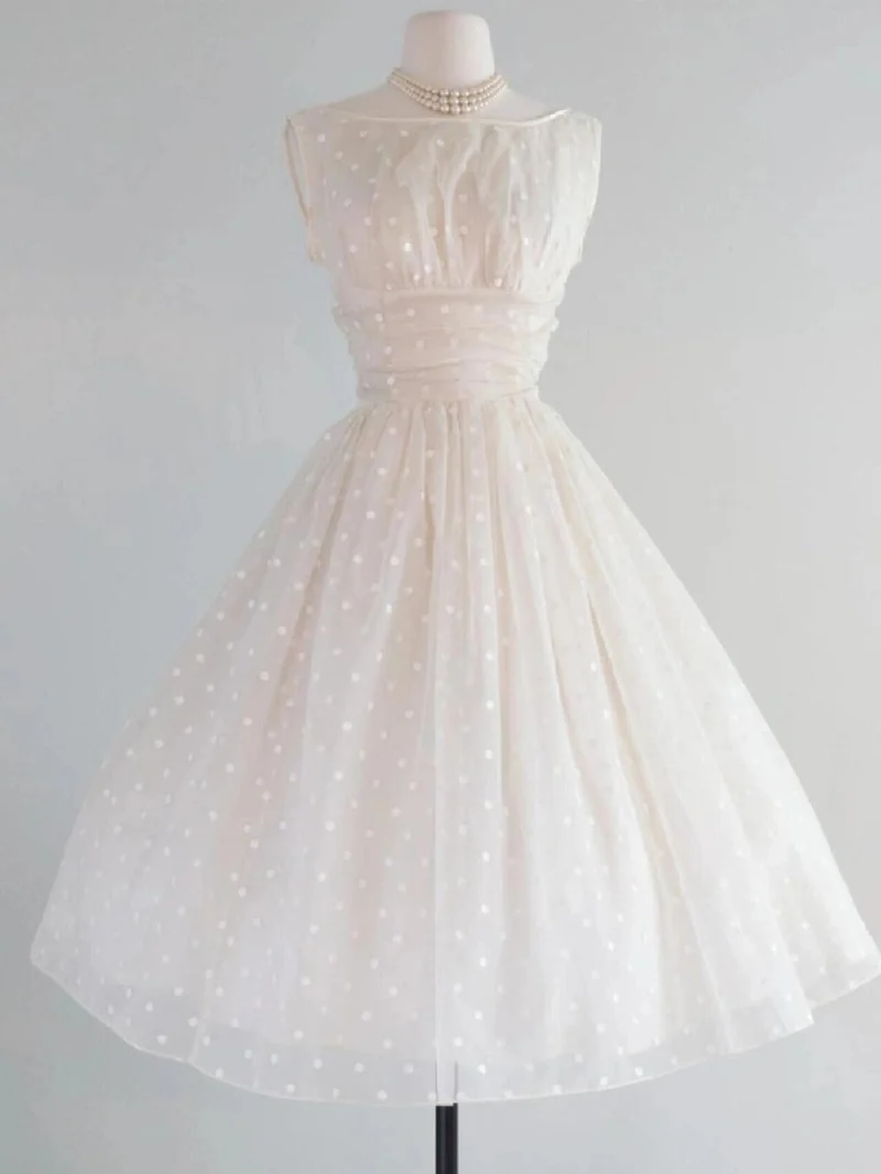 Bateau Neck Polka Dot Kort Vintage Bröllopsklänning