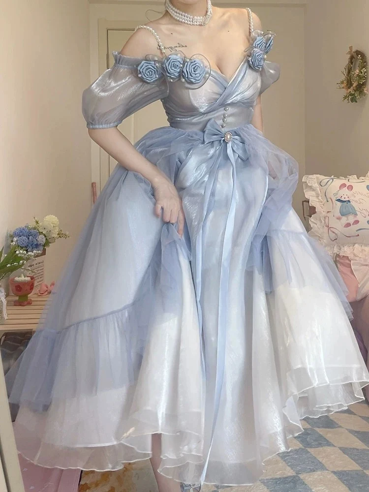 Dusty Blue Off The Shoulder Lolita Balklänning