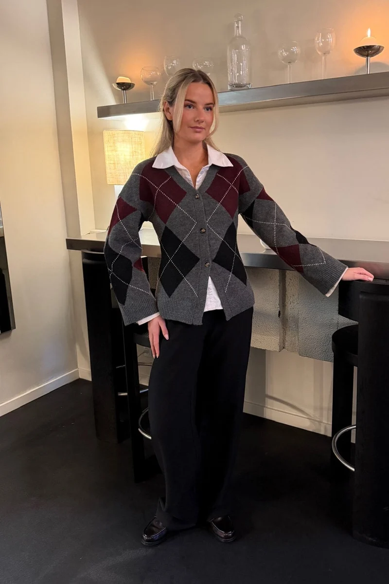 BYIC - Karmaic Fitted Cardigan H081 - Grey Argyle