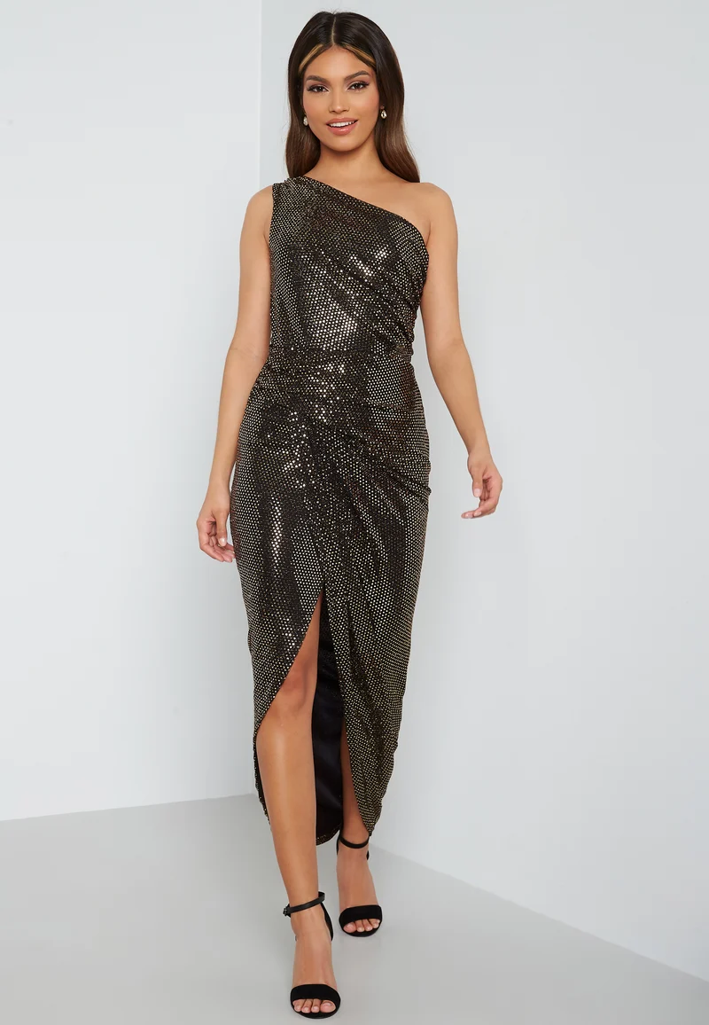 Sequin One Shoulder Sleeve Rouch Dress