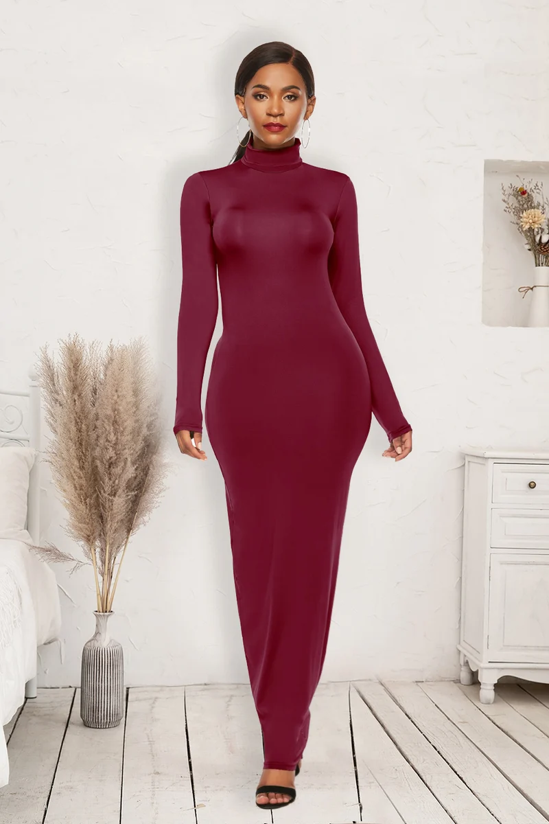 Mock Neck Långärmad Maxi Slim Klänning