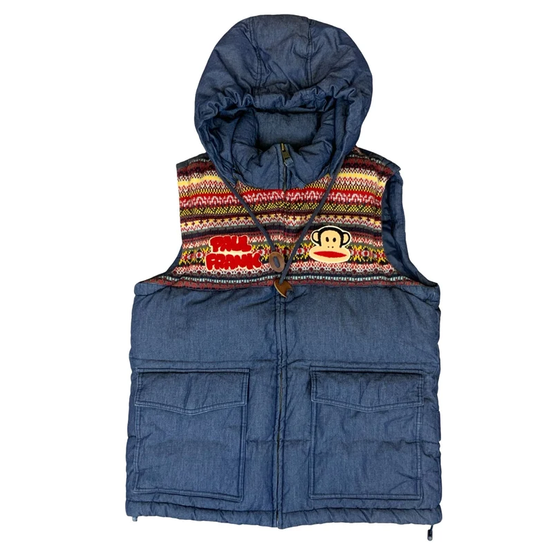 1990s Y2K Paul Frank Blue Denim Colourful Monkey Puffer Gilet Bodywarmer Small