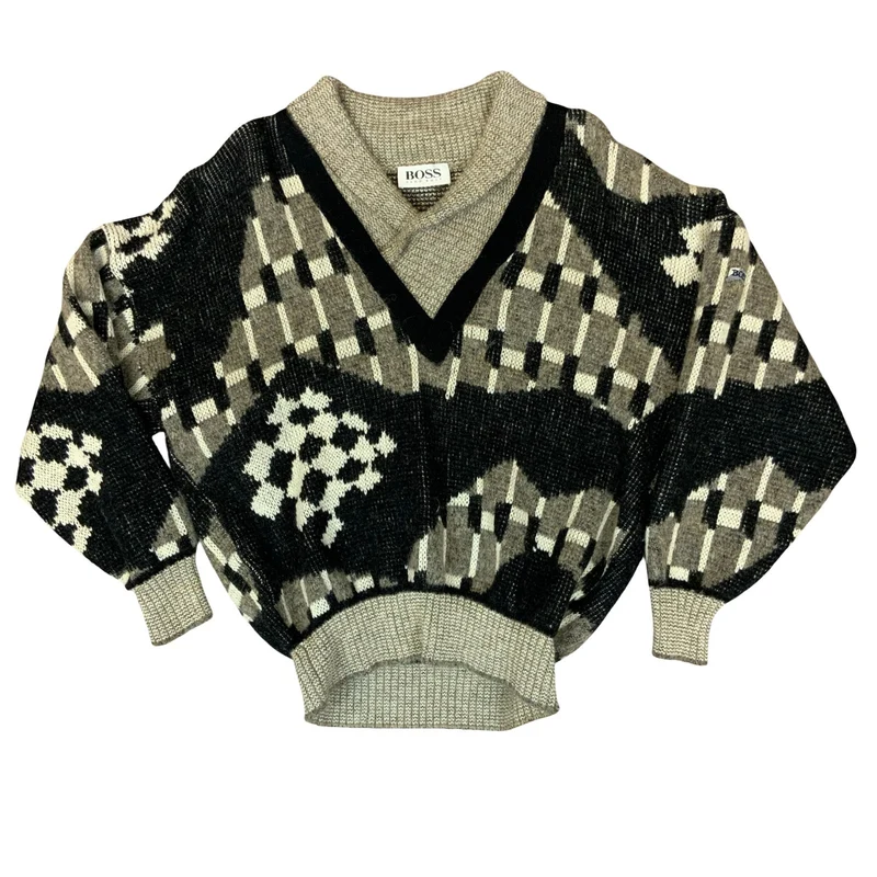 90s 'Hugo Boss' Grey Black Geometric Abstract V-Neck Knitted Sweater Jumper L