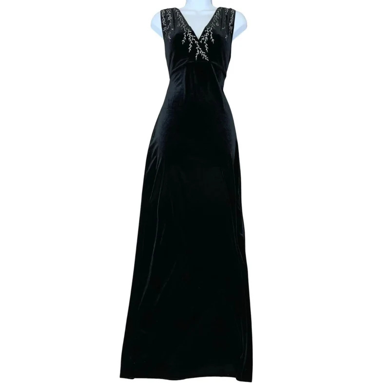 Vtg Y2K 'Reggio' Black Velvet V-Neck Beaded Embroidered Party Maxi Dress UK 8/10