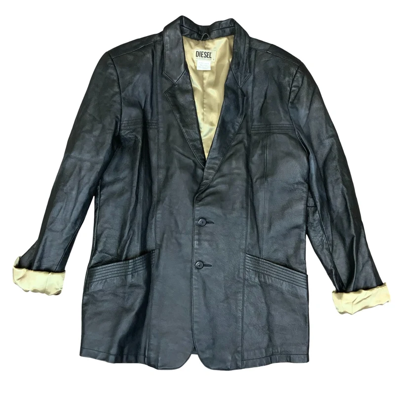 VTG Y2K Diesel Womens Black Gold Fashion Genuine Soft Leather Blazer Jacket L 16