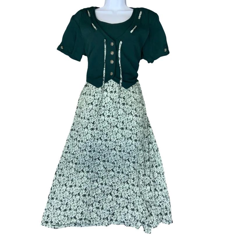 90s Alix Taylor Green Floral A-Line Cottagecore Midi Dress UK 12/14