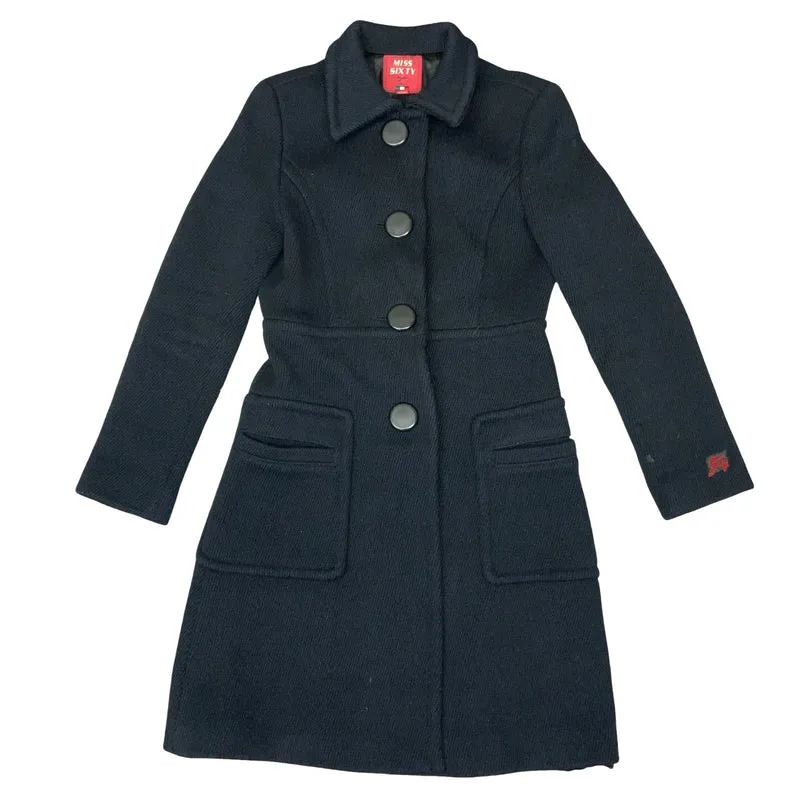 Vtg Miss Sixty Black Italian Sharp Fit Petite Warm Wool Winter Long Coat UK 8