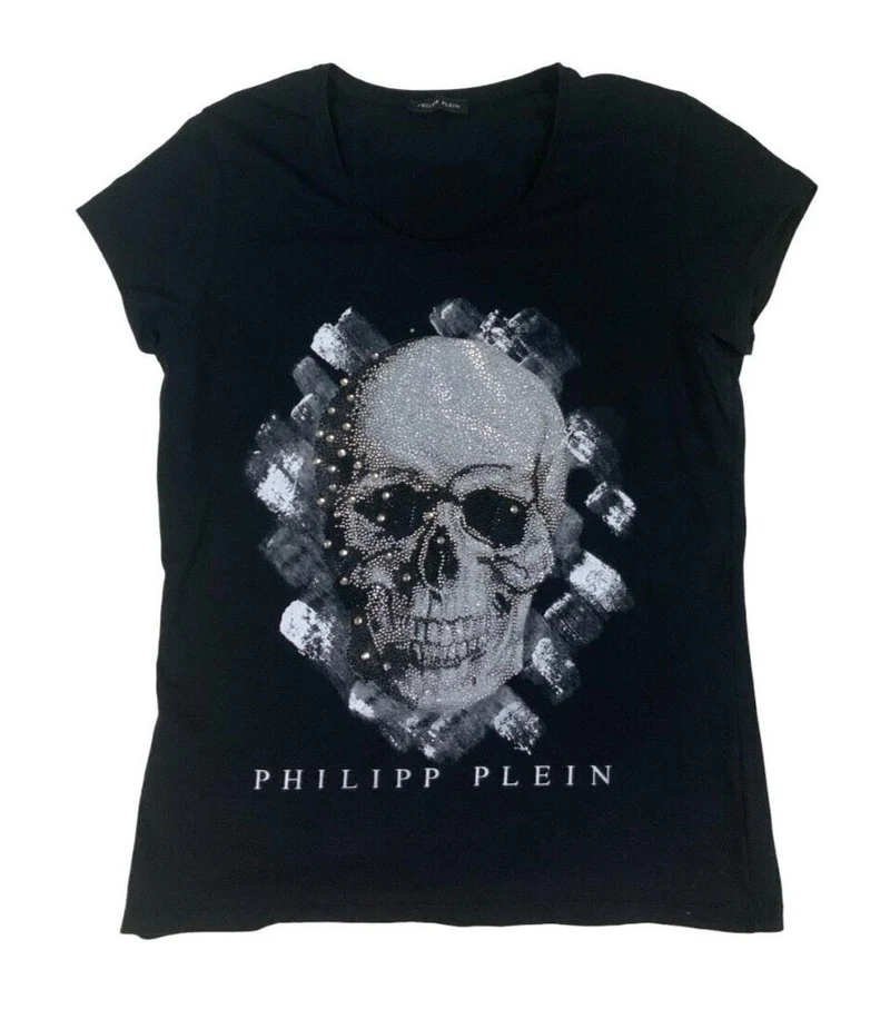 PHILIPP PLEIN GEMSTONE GRAPHIC SKULL PRINT T SHIRT BLACK SIZE M 12