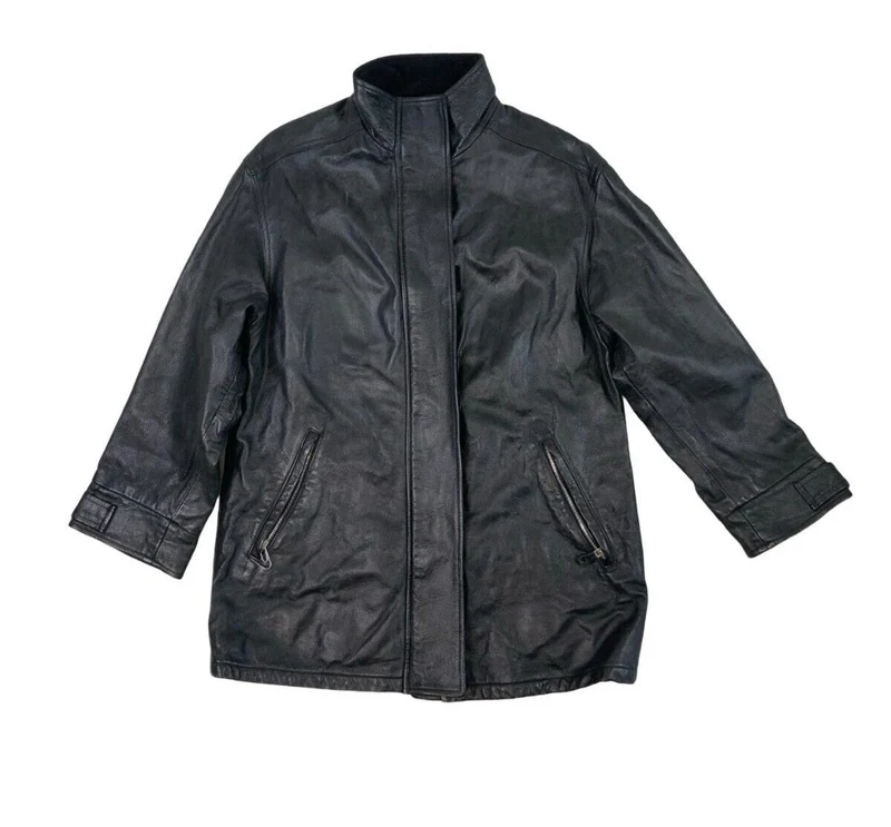 VTG ARMANI JEANS ZIP UP BLACK LEATHER JACKET SIZE M 42"
