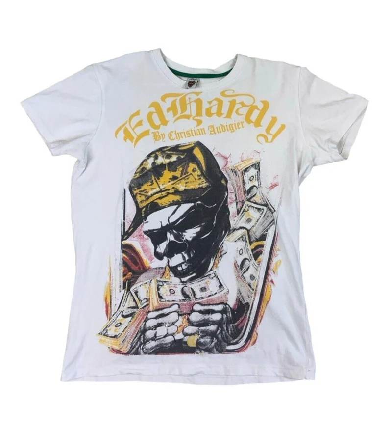 ED HARDY Y2K WHITE GRAPHIC ALL OVER PRINT GEMSTONE TEE SIZE M