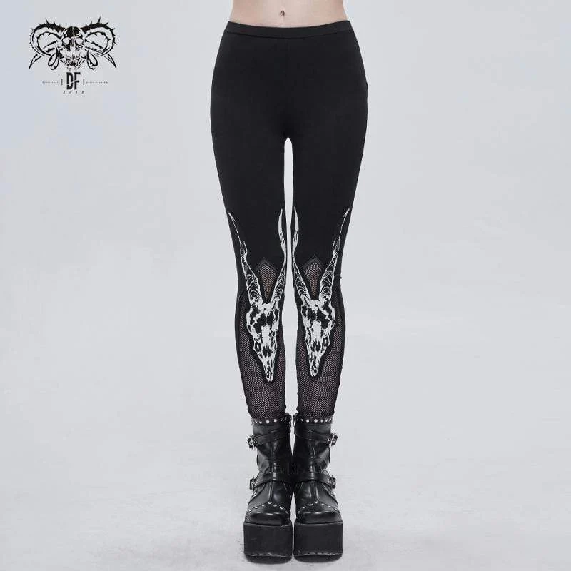 Gothic Sheepshead Printed Mesh Splice Leggings för kvinnor