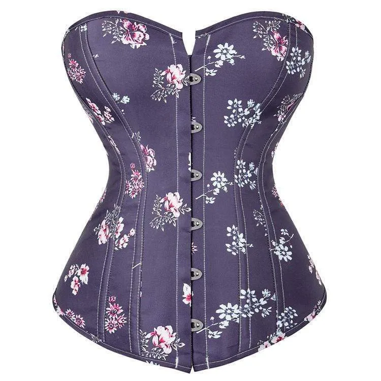 Kvinnors gotiska blommiga tryckta strappy overbust korsett lila
