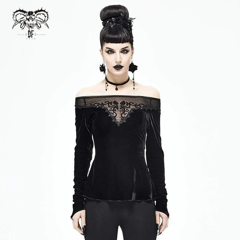 Gothic off Shoulder blommig broderad svart topp för kvinnor